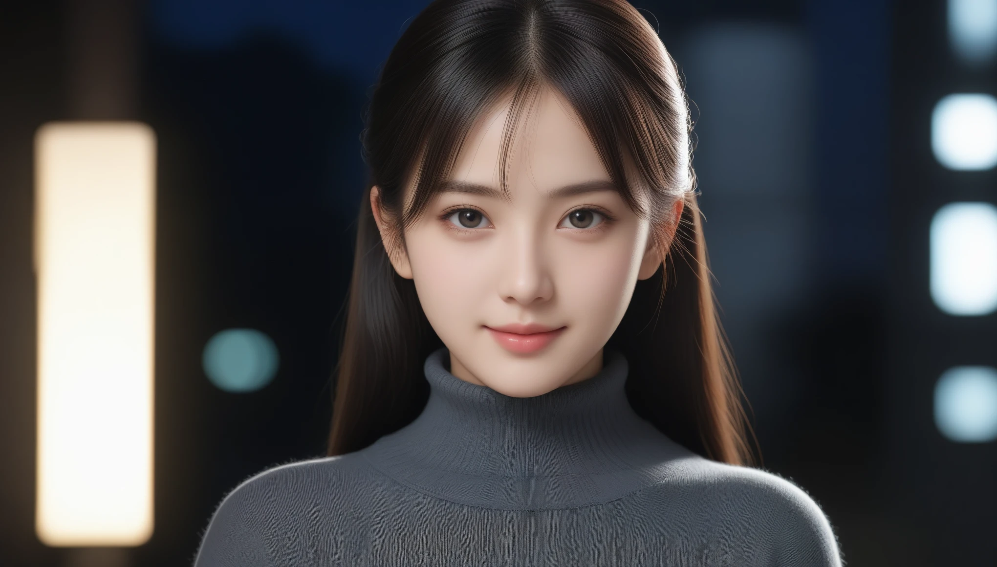 8K, 超High resolution, highest quality, masterpiece, 超Realistic, photograph, 1 girl, (16 years old:1.3), pretty girl, Cute face, Beautiful eyes in every detail,Tabletop, highest quality, One Girl,(Dark grey turtleneck sweater:1.4),(生photograph, highest quality), (Realistic, Photorealistic:1.4), Tabletop, Very delicate and beautiful, Very detailed, 8K Wallpaper, wonderful, finely, Very detailed CG Unity, High resolution, Soft Light, 美しいdetailedな 16 years oldの女の子, Very detailed目と顔, 美しくdetailedな鼻, finelyて美しい目,Cinematic lighting,City lights at night,Perfect Anatomy,Slender body,smile (Black hair twin tails)，super cute super model、Please look closely at the camera 、Vivid details、detailed、超Realistic,Light and shadow,Fashion magazine cover,Thin lips