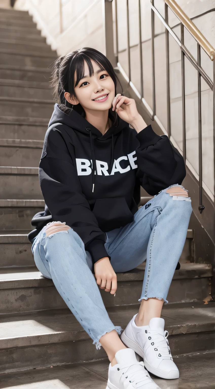 highest quality, Realistic, Very detailed, Finer details, High resolution, 8k wallpaper, One beautiful woman,Sit on the stairs、（Wear black socks）smile、（Beautiful teeth alignment、）（Gums are visible） Oversized hoodie, Skinny jeans,（ Black sneakers）、Black Hair、 Beautiful Bangs、ear piercing、Perfect dynamic composition, Beautiful and detailed, Full Body Shot, A big smile wearing colorful socks