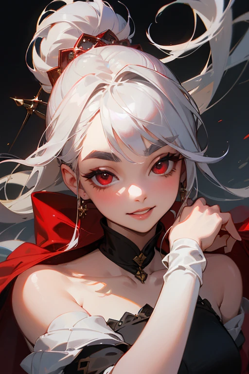 (highest quality, masterpiece:1.2), High resolution, 最高masterpiece、Very detailed, Realistic:1.37, Fantasy, An illustration,Gray Hair、 Red eyes、Queen, White Dress、Platinum decoration、beautifully、Eyeshadow Red、Thick eyebrows、Long eyelashes、pupils are black、shiny on the lips、Top Sites、Queen、Princess、ponytail、A kind smile、Show your teeth a little and smile、Soft impression、people々々々Loved by、Slimming the face、Shoulder Bare、sexy、