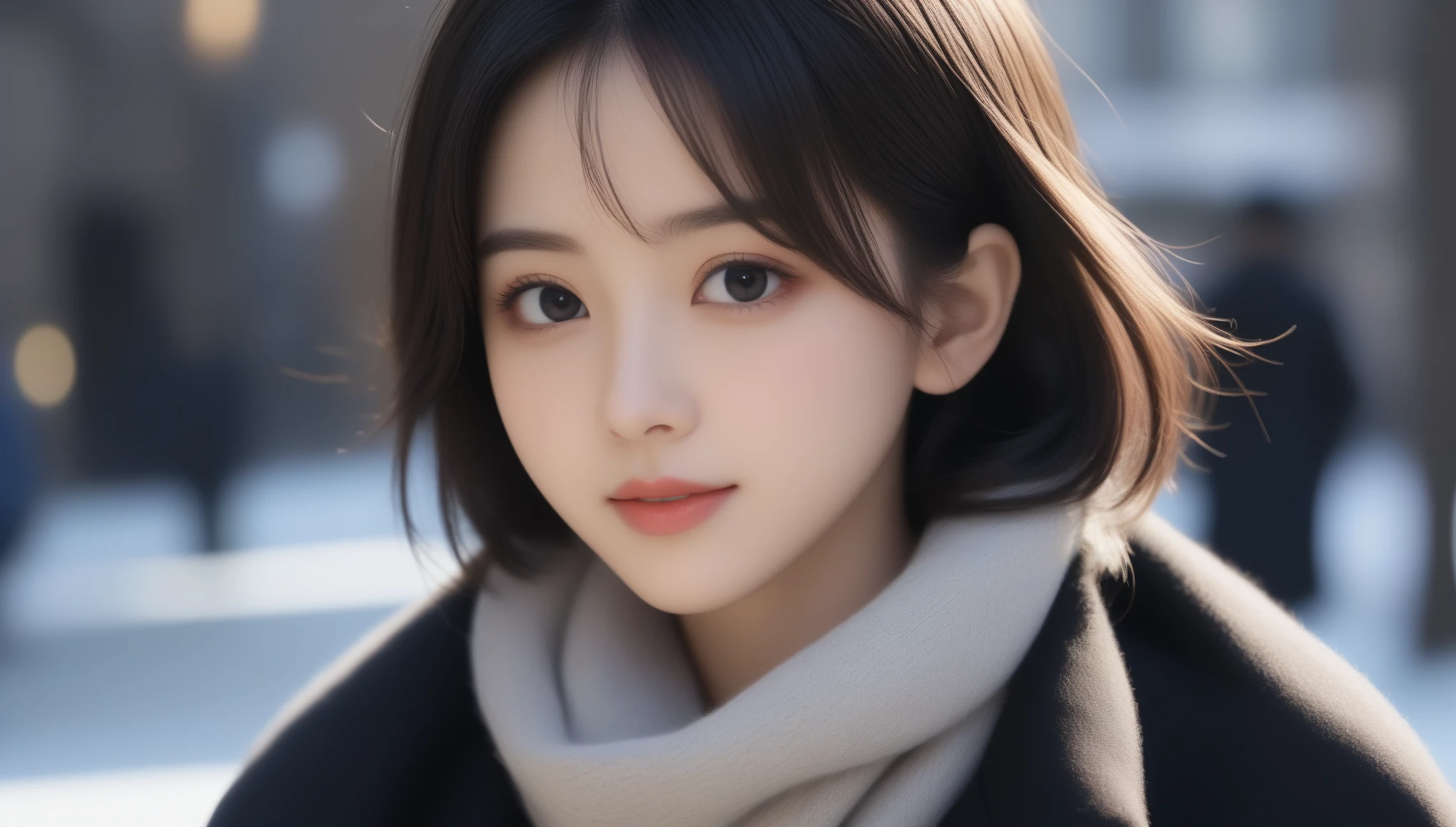 8K, Ultra-high resolution, highest quality, masterpiece, 超Realistic, photograph, 1 girl, (20-year-old:1.3), pretty girl, Cute face, Beautiful eyes in every detail, 細かくdetailedに,(Tabletop, highest quality),One Girl, solo, Shiny black hair, scarf, Realistic, Looking at the audience, Light-coloured black eyes, short hair, coat, Winter clothes, scarf, Lips, Lip gloss，Bans,, Mouth closed, Upper body、Big eyes、Eyelashes、((street))、((前髪ありshort hair、Big eyes、Give students a very strong highlight、Very large breasts、Staring at the audience、とても美しいbeauty、Listen carefully、Long neck、Smile a little、Please close your mouth and laugh、Please look closely at the camera)))、See through 、Look at the audience、beauty,Long neck、Smile a little、Please close your mouth and laugh、(((Ideal body proportions))),A cup small breasts :2,、Portraiture:2、Perfect Anatomy、Vivid details、detailed、超Realistic、Light and shadow,Strong light,Fashion magazine cover,Thin lips