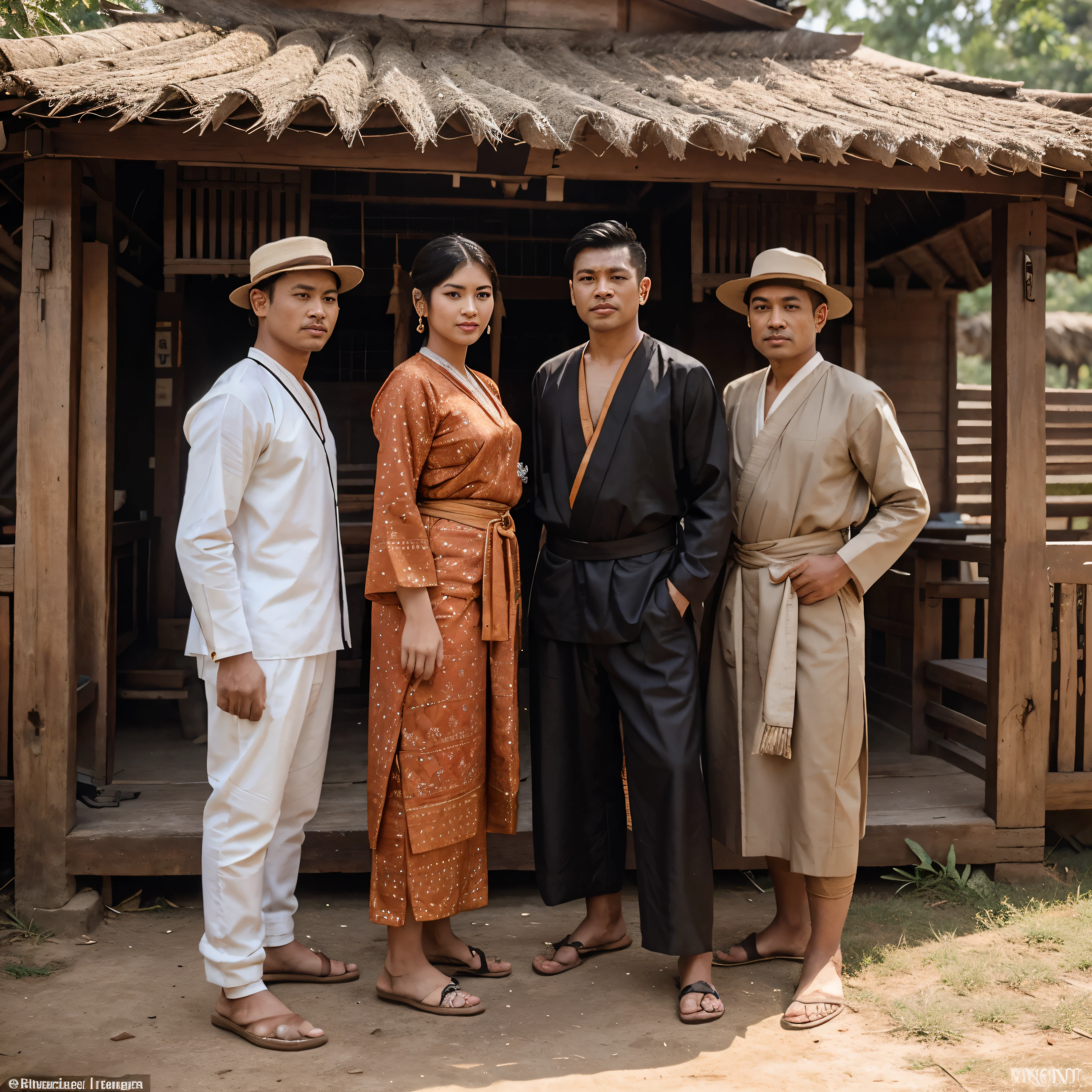 3 handsome guy wearing sunda traditional outfit (pangsi) with 1 beautiful woman wearing kabaya in village in 1920's