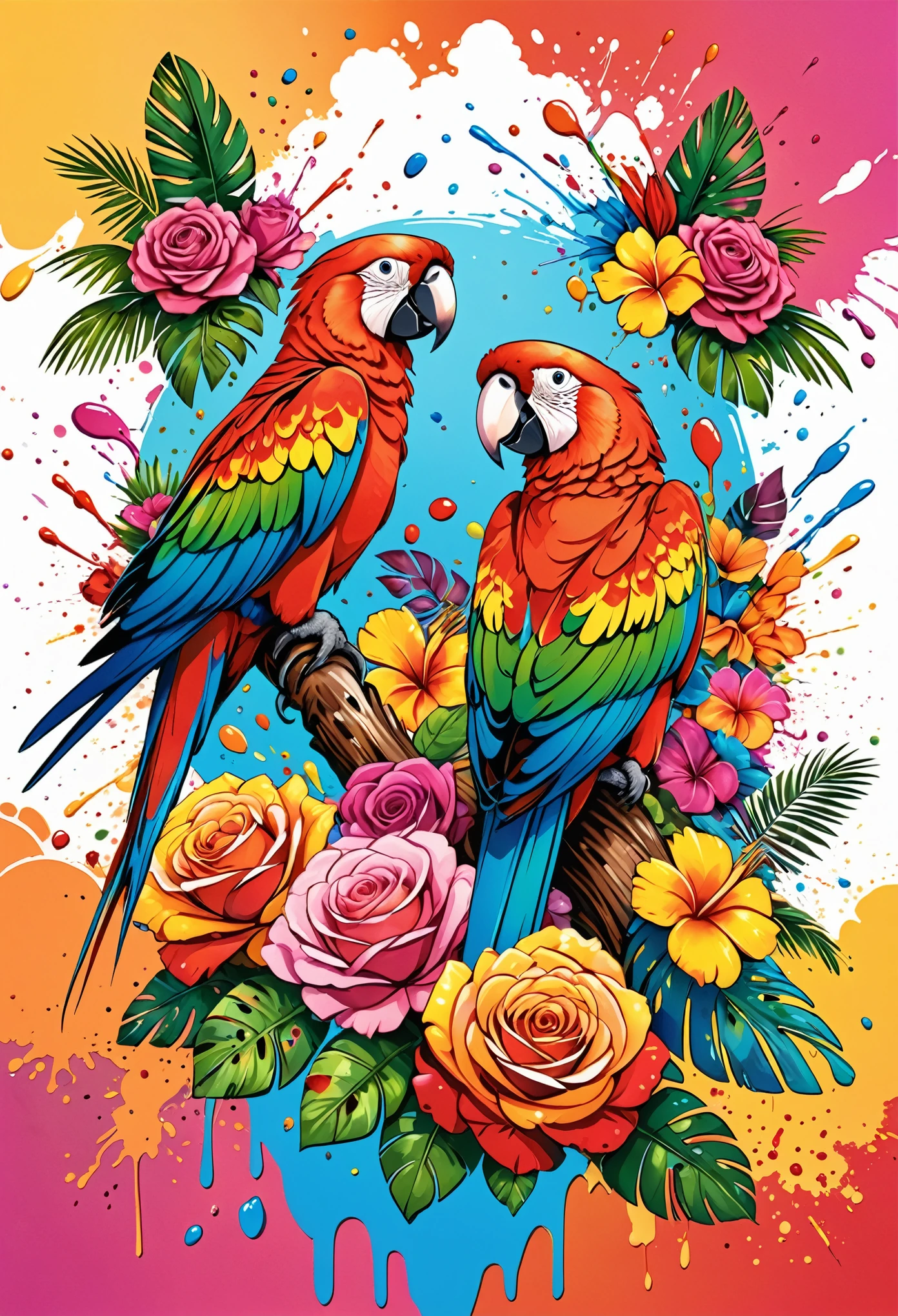 Vector Art, Colorful illustration with lots of roses and parrots, In the center, Vibrant colors, Paint splatters and stains, High Detail,Hawaii Background
