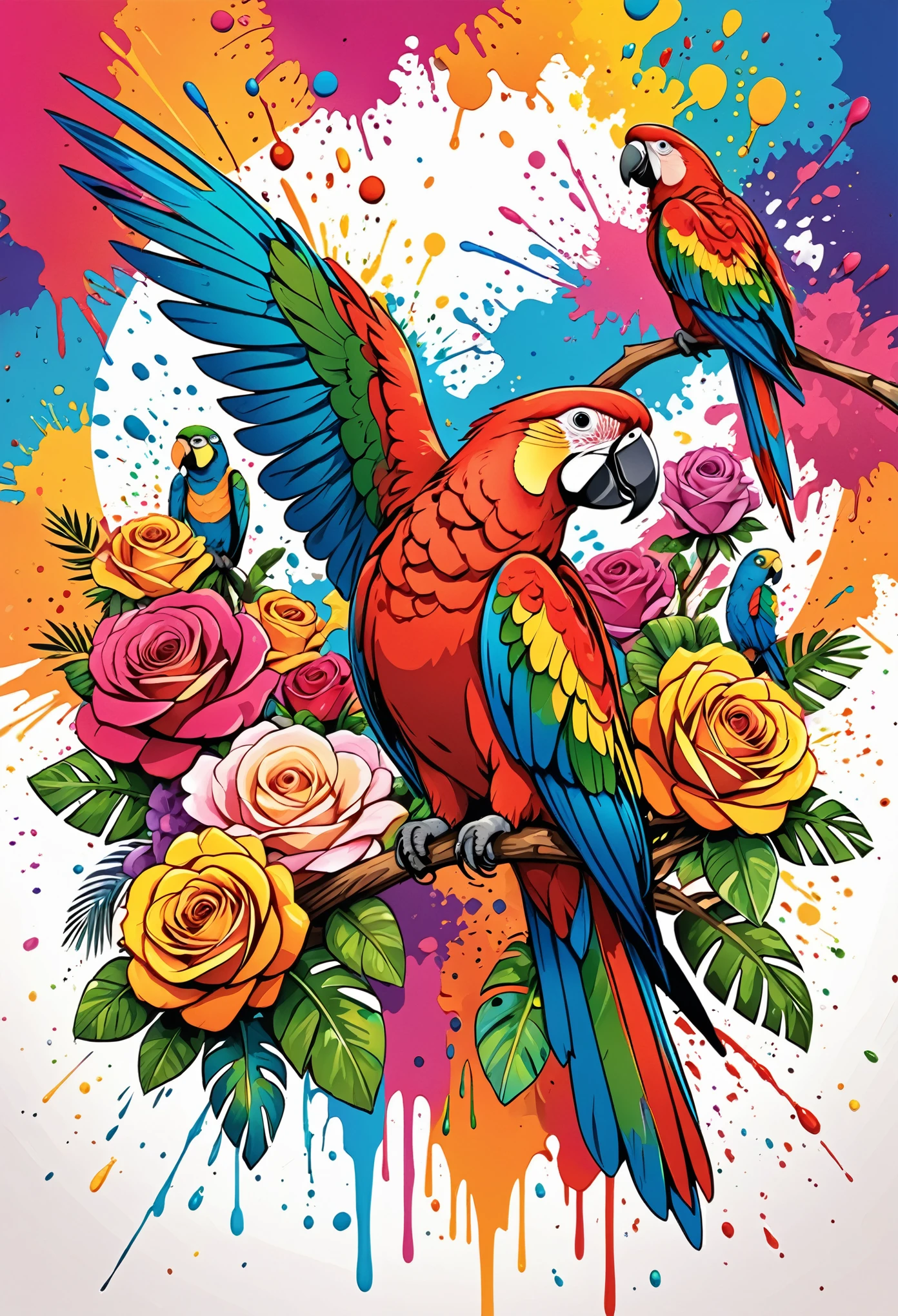Vector Art, Colorful illustration with lots of roses and parrots, In the center, Vibrant colors, Paint splatters and stains, High Detail,Hawaii Background