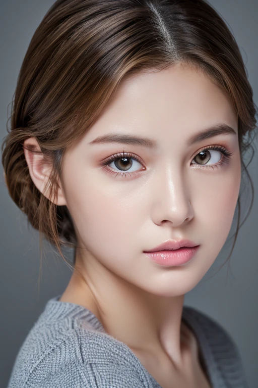 (RAW Photo, Best Quality), (Realistic, Photo Realistic: 1.3), Best Quality, Highly Detailed,8k RAW photo, highest quality, masterpiece, ultra high resolution, 3D, realistic,、masterpiece, highest quality, 1 girl, 、gaze towards the viewer、((portrait))、profile, ponytail, up hair, short hair、 pink lips, nose slightly pointed upwards, long eyelashes, realistic skin texture, attractive face, blurry, gray color background