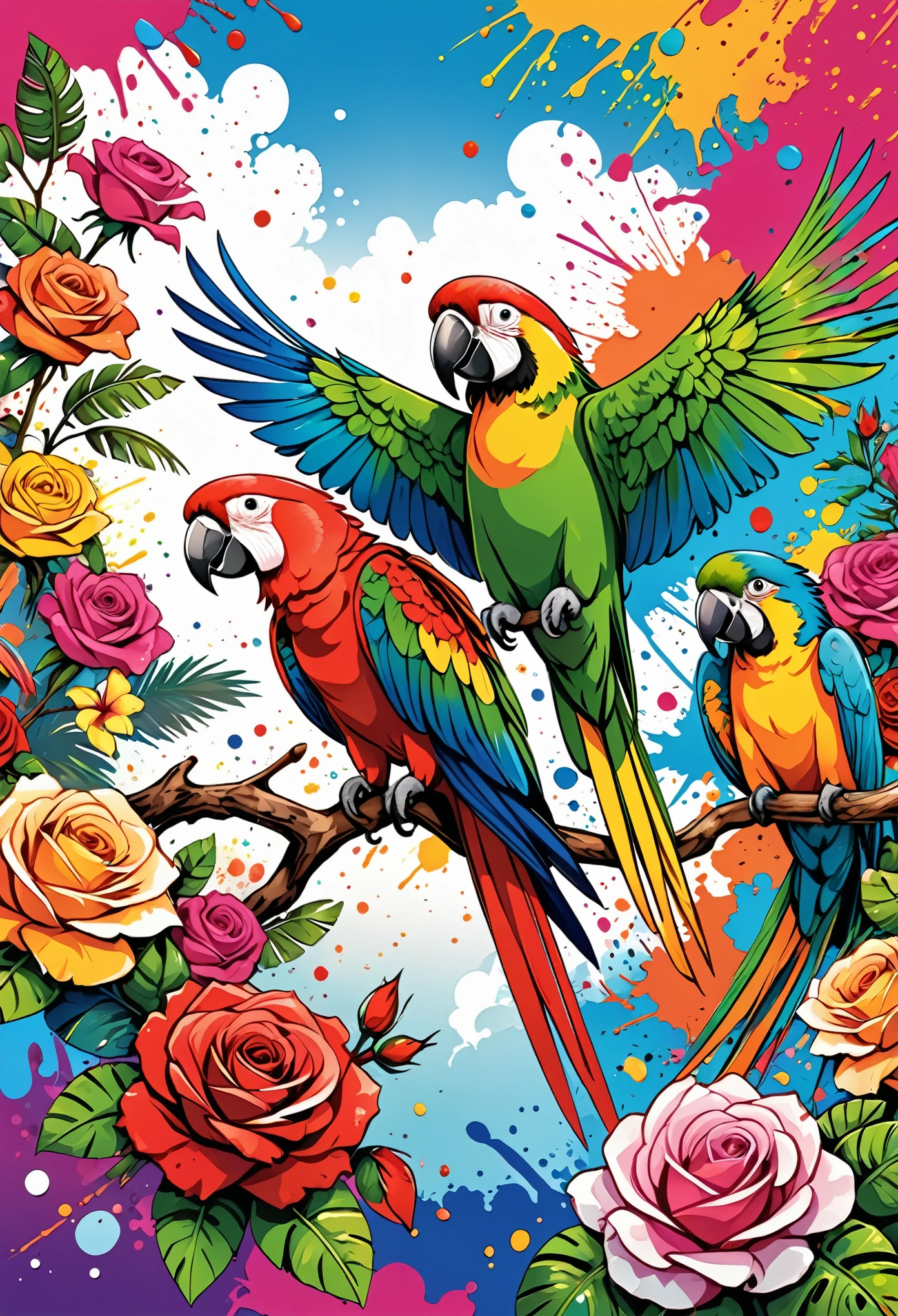 Vector Art, Colorful illustration with lots of roses and parrots, In the center, Vibrant colors, Paint splatters and stains, High Detail,Hawaii Background
