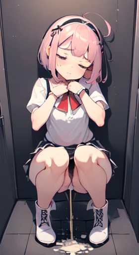 (1 tiny human girl, girl with anatomically perfect body, ultra detailed hands, Perfect hands, ultra detailed face, detailed pussy, cute eyes, pale skin:1.3), (headband, tunic blouse, frill skirt, boots:1.2), (have to pee, strong need to pee, couldn't hold pee, couldn't stop squirting pee, sweat:1.5), (no choice but to strong hold her pussy, transparent forceful stream squirting pee from urethra pussy, Incontinence, pee flowing down lower legs:1.5), (erotic twist of the body:1.2), (leaning forward:1.1), (noon, clear skies, public toilet, in front of ceramic floor-level toilet, toilet door, very bright:1.4), (blush, embarrassed, breathless, sigh, pleasure, ecstasy, half-closed eyes, head tilt, looking away:1.2), pull up her skirt and cross arms, (panty pull aside), (Put heel on the floor), (closed eyes, closed month:0.9), (Best Quality, masterpiece, 8K, ultra detailed, strong light coming in:1.4), lower body, worm's eye view,