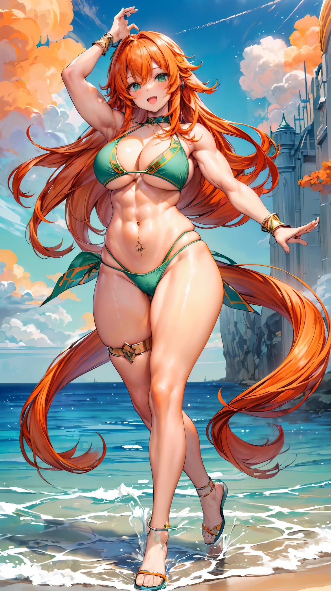 Very detailed、highest quality、Best image quality、masterpiece、8k、Anime Face、A kind smile、(Open your mouth:1.parkling blue eyes、(Orange medium long hair:1.5)、(Muscles of the whole body:1.3)、(High leg:1.8)、Thigh belt、(Green Bikini:1.5)、(Above the knee photo:1.5)、(iant)、(Thick body:1.2)