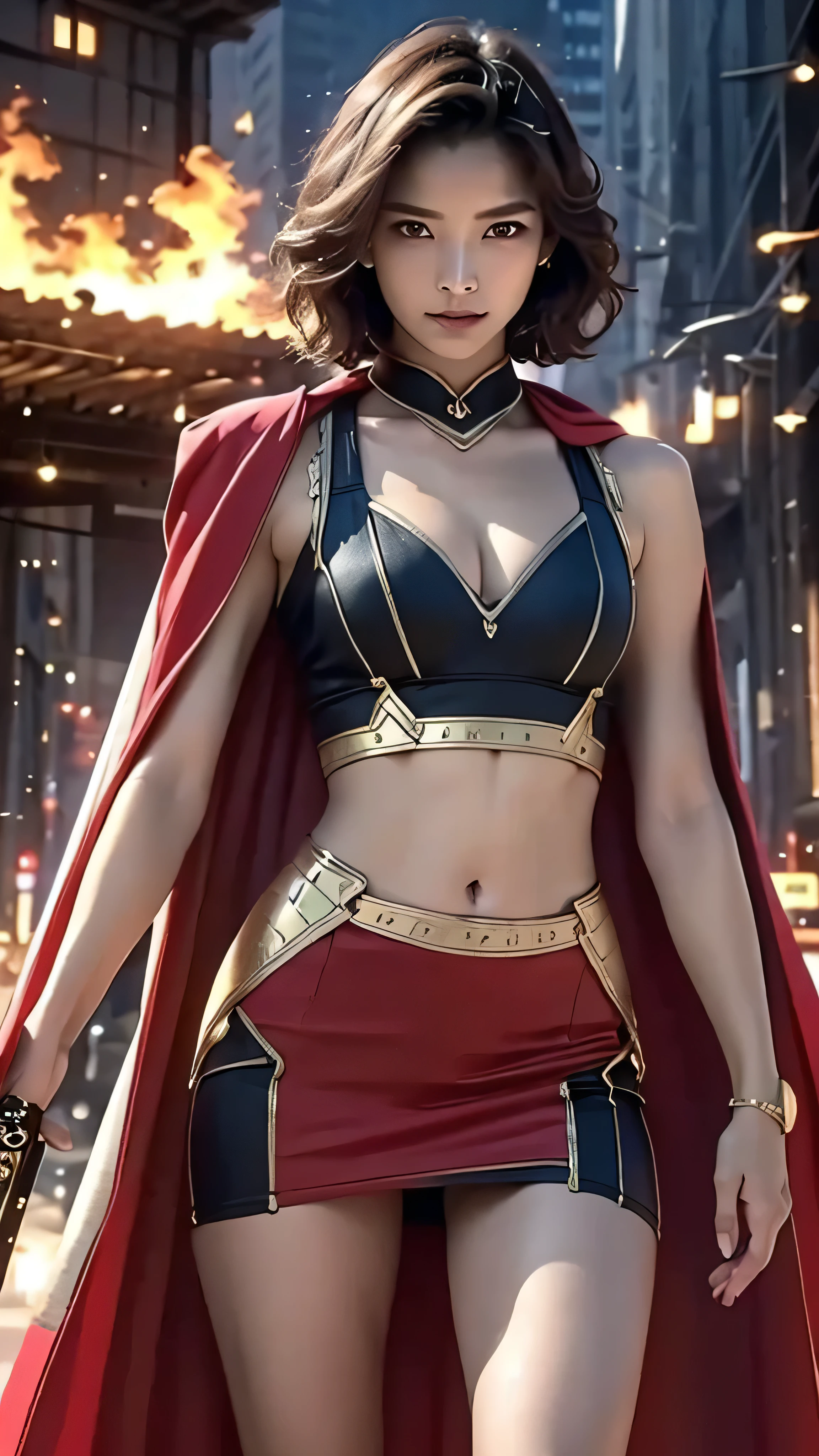 8K, Ultra Realistic CG K, Realistic:1.4, Skin Texture:1.4, Masterpiece:1.4, Beautiful woman in hero's costume standing in front of apocalyptic fire city posing behind, Female hero appears, Laser gun in right hand, gold short hair beauty, Glowing sword in left hand, Flat stomach showing, Red mini skirt Beautiful, thin hands, cape,