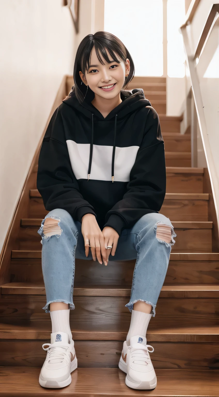 highest quality, Realistic, Very detailed, Finer details, High resolution, 8k wallpaper, One beautiful woman,Sit on the stairs、(Wear black socks)smile、(Beautiful teeth alignment、)(Gums are visible) Oversized hoodie, Skinny jeans,( Black sneakers)、Black Hair、 Beautiful Bangs、ear piercing、Perfect dynamic composition, Beautiful and detailed, Full Body Shot, A big smile wearing colorful socks