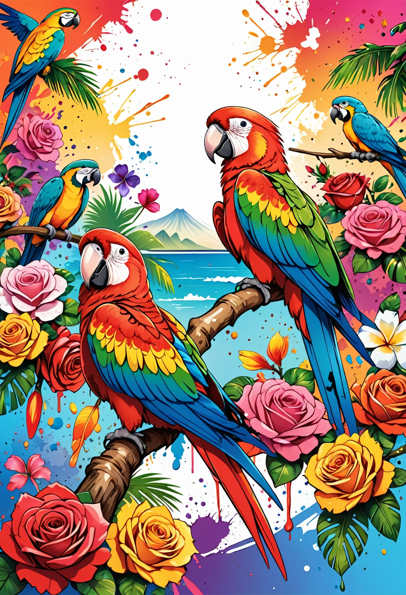 Vector Art, Colorful illustration with lots of roses and parrots, In the center, Vibrant colors, Paint splatters and stains, High Detail,Hawaii Background