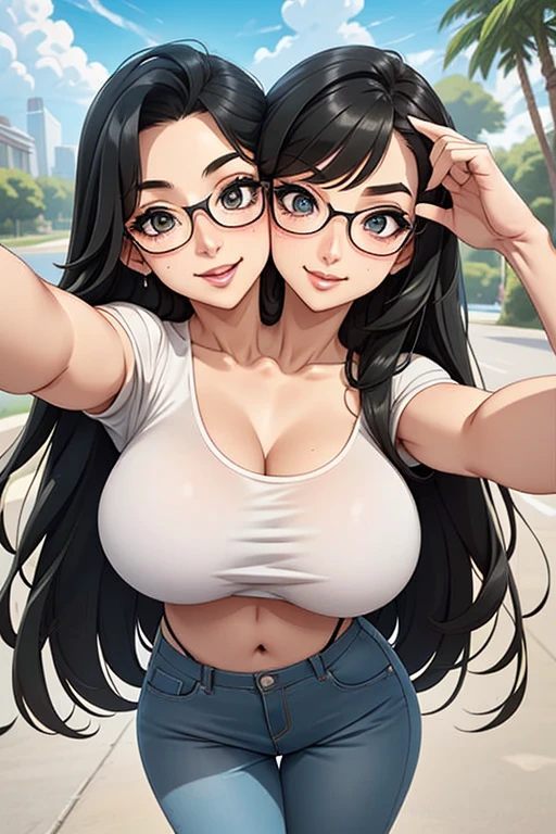 2heads, a tall thin woman with 2 heads. She has big breasts. She is outside at the park. She is wearing a band T-shirt. She is wearing jeans. She is wearing thick glasses. She has long black curly hair. She looks mature. She has big perky breasts. She is extremely tall. She is very thin. She looks seductive. She looks flirty. She looks happy, smiling wide. Blushing. She has small breasts. She has a lot of freckles. She has 2 heads. She is very skinny. Her breasts are small and perky. She is wearing eyeliner. Selfie POV, taking a selfie. Holding phone, taking selfie.