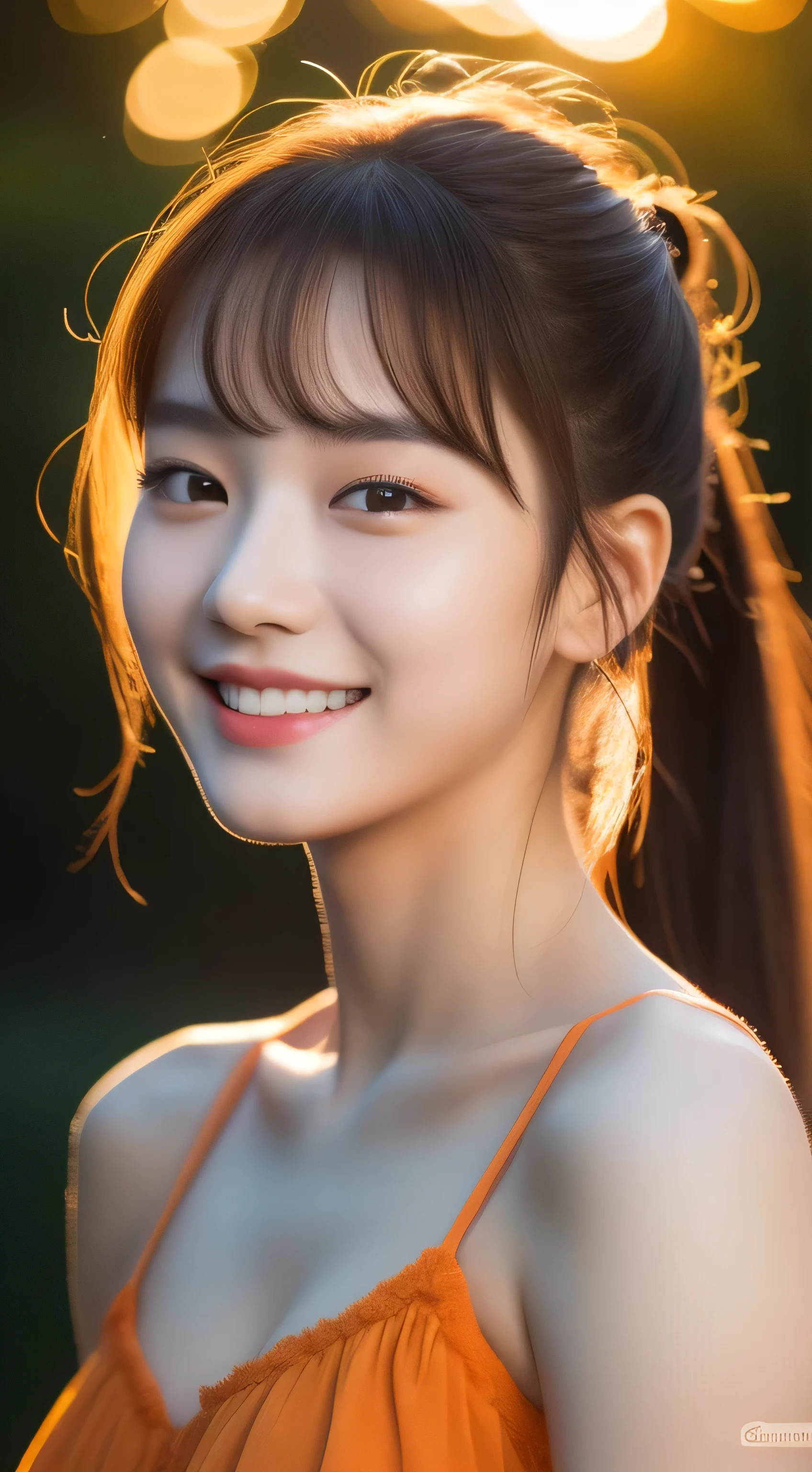 (original photography), (realism), (masterpiece), (top quality), high resolution, 16k resolution, 1 cute real photo of Korean stars,18 years old，Short Ponytail, White skin, Light makeup, Bust 32 inches, Smile, Wearing an orange camisole, In the Japanese Garden, Sunset lights, Close-up portrait, Ultra HD