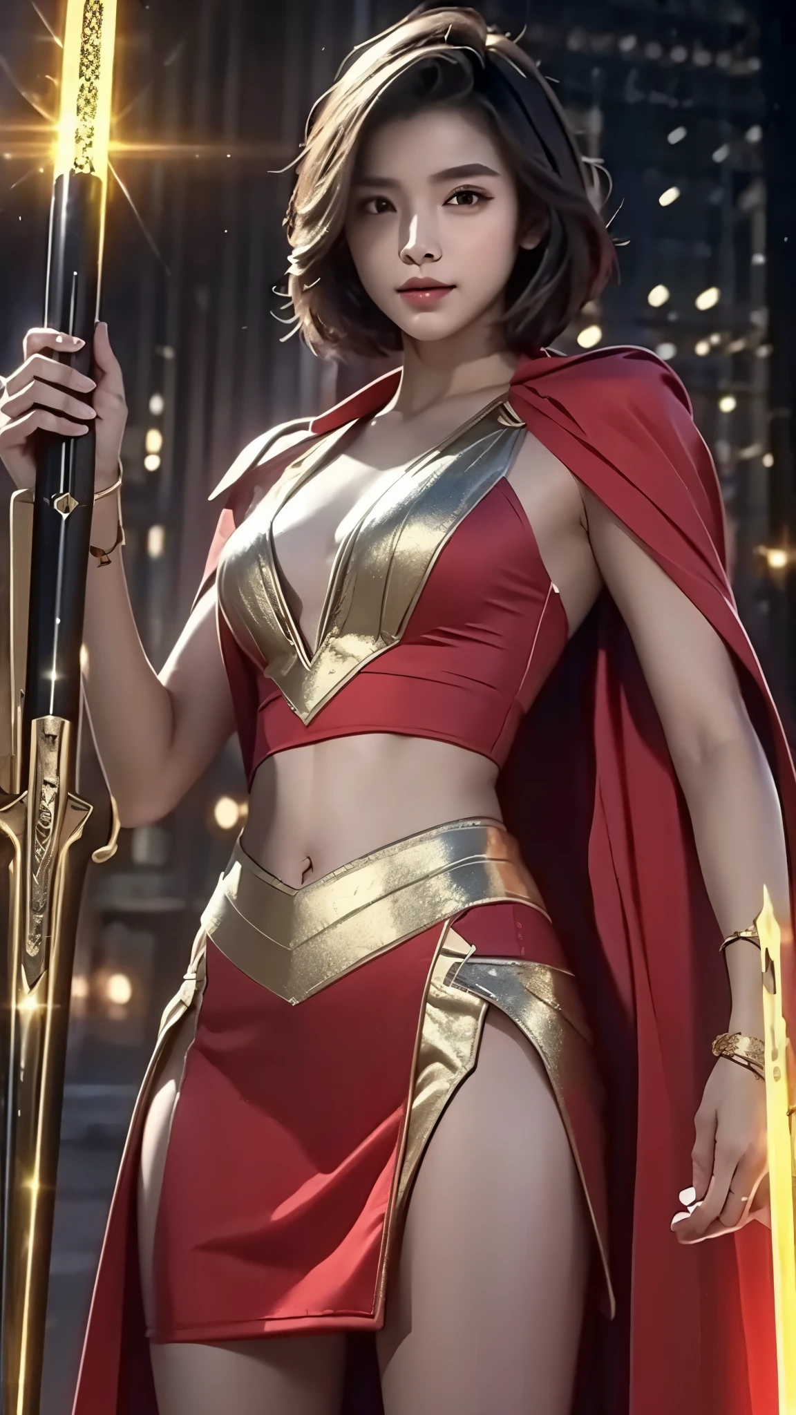 8K, Ultra Realistic CG K, Realistic:1.4, Skin Texture:1.4, Masterpiece:1.4, Beautiful woman in hero's costume standing in front of apocalyptic fire city posing behind, Female hero appears, Laser gun in right hand, gold short hair beauty, Glowing sword in left hand, Flat stomach showing, Red mini skirt Beautiful, thin hands, cape,