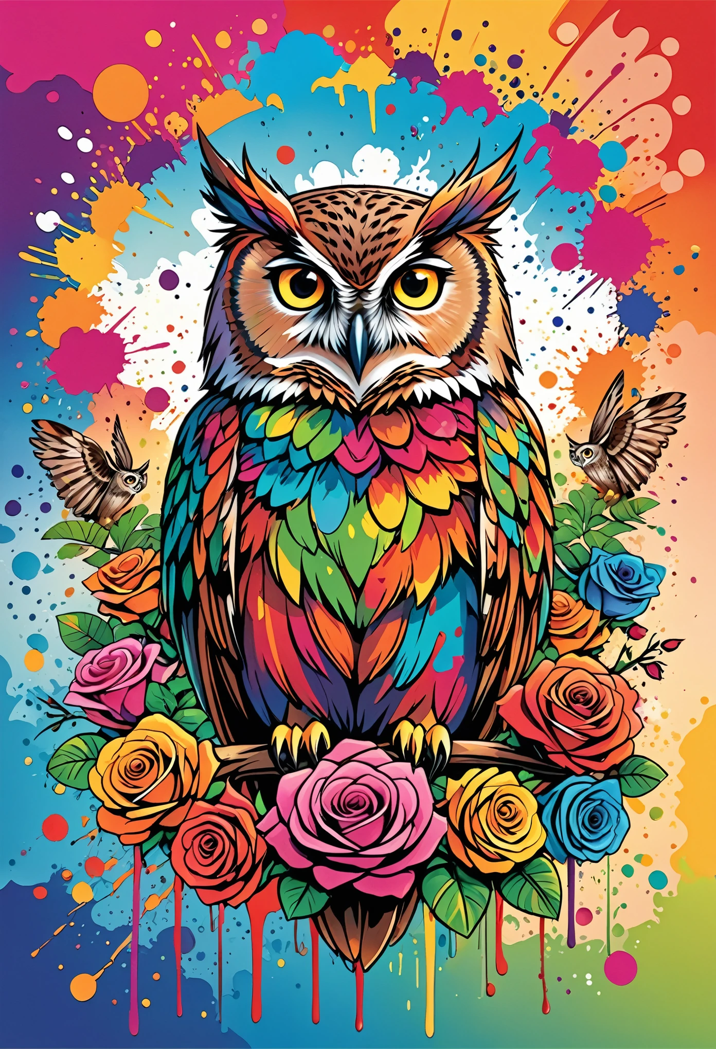 Vector Art, Colorful illustration with lots of roses and owl, In the center, Vibrant colors, Paint splatters and stains, High Detail,Hawaii Background