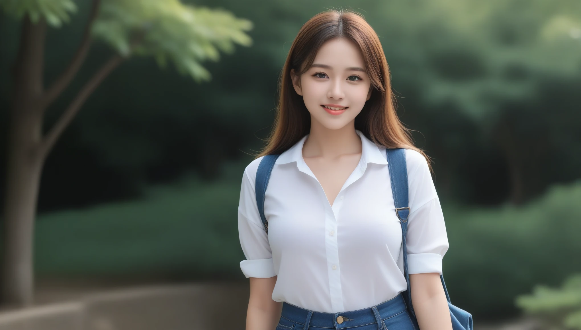 8K, 超High resolution, highest quality, masterpiece, Surreal, photograph, 1 girl, (:1.3), pretty girl, Cute face, Beautiful eyes in every detail,masterpiece, highest quality, High resolution, 非常にdetailed, detailedな背景, Cinema Lighting, One Girl, young woman, Wear a white shirt, Brown cardigan, long denim pants , smile, wearing Backpack, (Backpack:1.0), travel Backpack, Are standing, whole body, Day, Day光, Outdoor(Spread your thighs))、Sexy pose、See through 、Look at the audience、beauty,Long neck、Smile a little、Please close your mouth and laugh、(((Ideal body proportions))),A cup small breasts :2,、Portraiture:2、Perfect Anatomy、Vivid details、detailed、Surreal、Light and shadow,Strong light,Fashion magazine cover,Thin lips