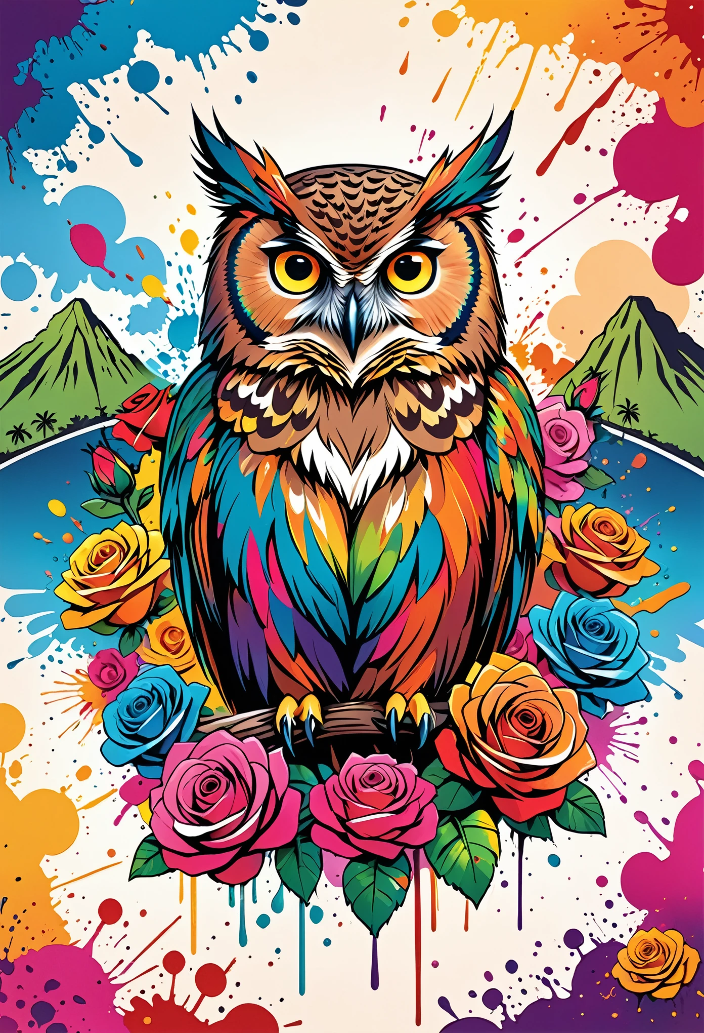 Vector Art, Colorful illustration with lots of roses and owl, In the center, Vibrant colors, Paint splatters and stains, High Detail,Hawaii Background
