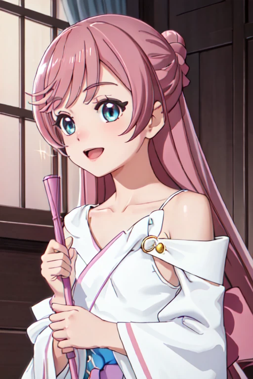 masterpiece, best quality, ultra detailed, highres, extremely detailed CG unity 8k wallpaper, perfect lighting, very detailed background, beautiful and aesthetic,sharp focus, perfect face, dynamic pose, dynamic angle,
1girl, upper body, (portrait:1.1), multicolored yukata, looking at viewer, full-face blush, from side, from below, smile,Open your mouth、Pink Lips、
night, dark sky, skyscraper, Penthouse in Tower Mansion、Window、,
、(Shoulder Bare:1.5)、(Off the shoulder:1.6)、(Holding a wizard's wand:1.2)、(flat chest:1.3)、