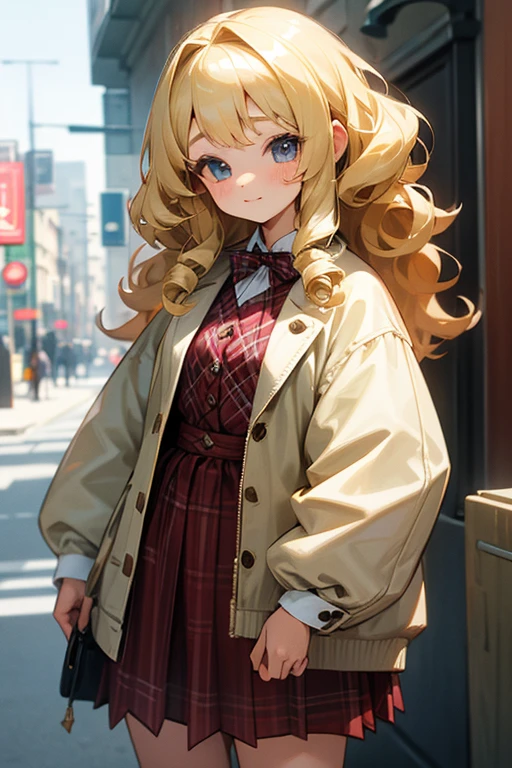 Caucasian girl with blonde curly hair, Cute clothes、Checked clothes、Young Girl、