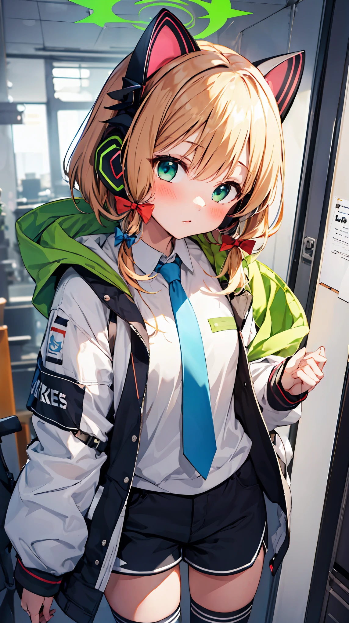 1girl,solo,blonde_hair, animal_ears, fake_animal_ears, headphones, halo, animal_ear_headphones, bow, cat_ear_headphones,(big size white hoodie),(light blue necktie), shorts, kneehighs,blush, bangs, hair_bow, midori_\(blue_archive\), green_eyes, short_hair,cowboy shot,