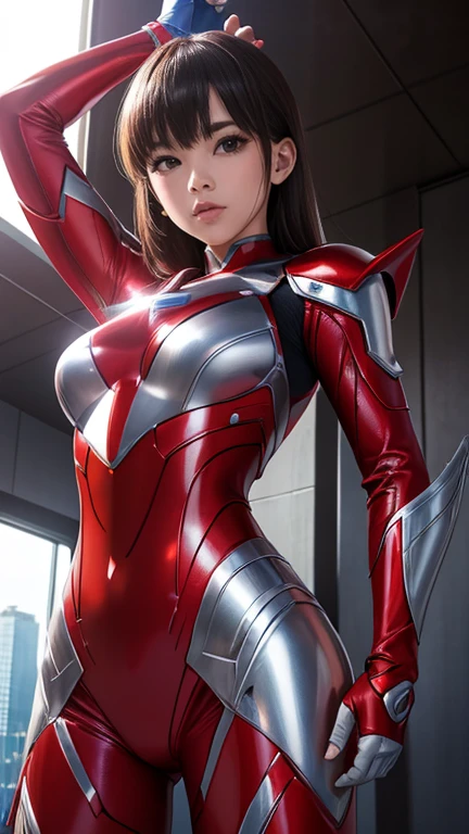 Ultraman、realistic、realistic、cinematic lighting, Girl in a shiny red and silver suit、15 years old、professional photos、Don&#39;Do not expose your skin, japanese model, japanese cgi、Ultraman Suit、, Power Rangers Suit、tight and thin cyber suit,Whole body rubbery、There&#39;s pink There、 delicate body, big breasts、small ass、thin thighs、thin arms、thin waist、camel toe、Both sides of the cyber suit stick to the skin、Big eyes、black short hair、facing the front、facing the front立っている、A glowing sphere is embedded in the chest.、Essay Examination、 blue sky background