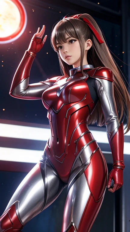 Ultraman、realistic、realistic、cinematic lighting, Girl in a shiny red and silver suit、15 years old、professional photos、Don&#39;Do not expose your skin, japanese model, japanese cgi、Ultraman Suit、, Power Rangers Suit、tight and thin cyber suit,Whole body rubbery、There&#39;s pink There、 delicate body, big breasts、small ass、thin thighs、thin arms、thin waist、camel toe、Both sides of the cyber suit stick to the skin、Big eyes、black short hair、facing the front、facing the front立っている、A glowing sphere is embedded in the chest.、Essay Examination、 blue sky background