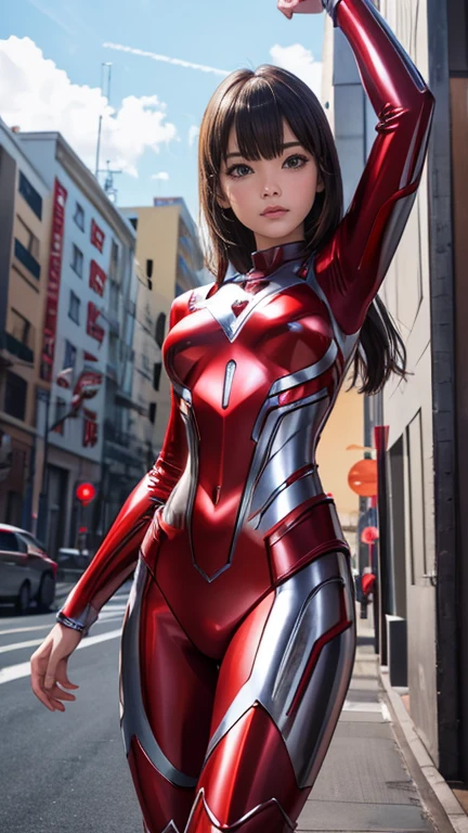 Ultraman、realistic、realistic、cinematic lighting, Girl in a shiny red and silver suit、15 years old、professional photos、Don&#39;Do not expose your skin, japanese model, japanese cgi、Ultraman Suit、, Power Rangers Suit、tight and thin cyber suit,Whole body rubbery、There&#39;s pink There、 delicate body, big breasts、small ass、thin thighs、thin arms、thin waist、camel toe、Both sides of the cyber suit stick to the skin、Big eyes、black short hair、facing the front、facing the front立っている、A glowing sphere is embedded in the chest.、Essay Examination、 blue sky background