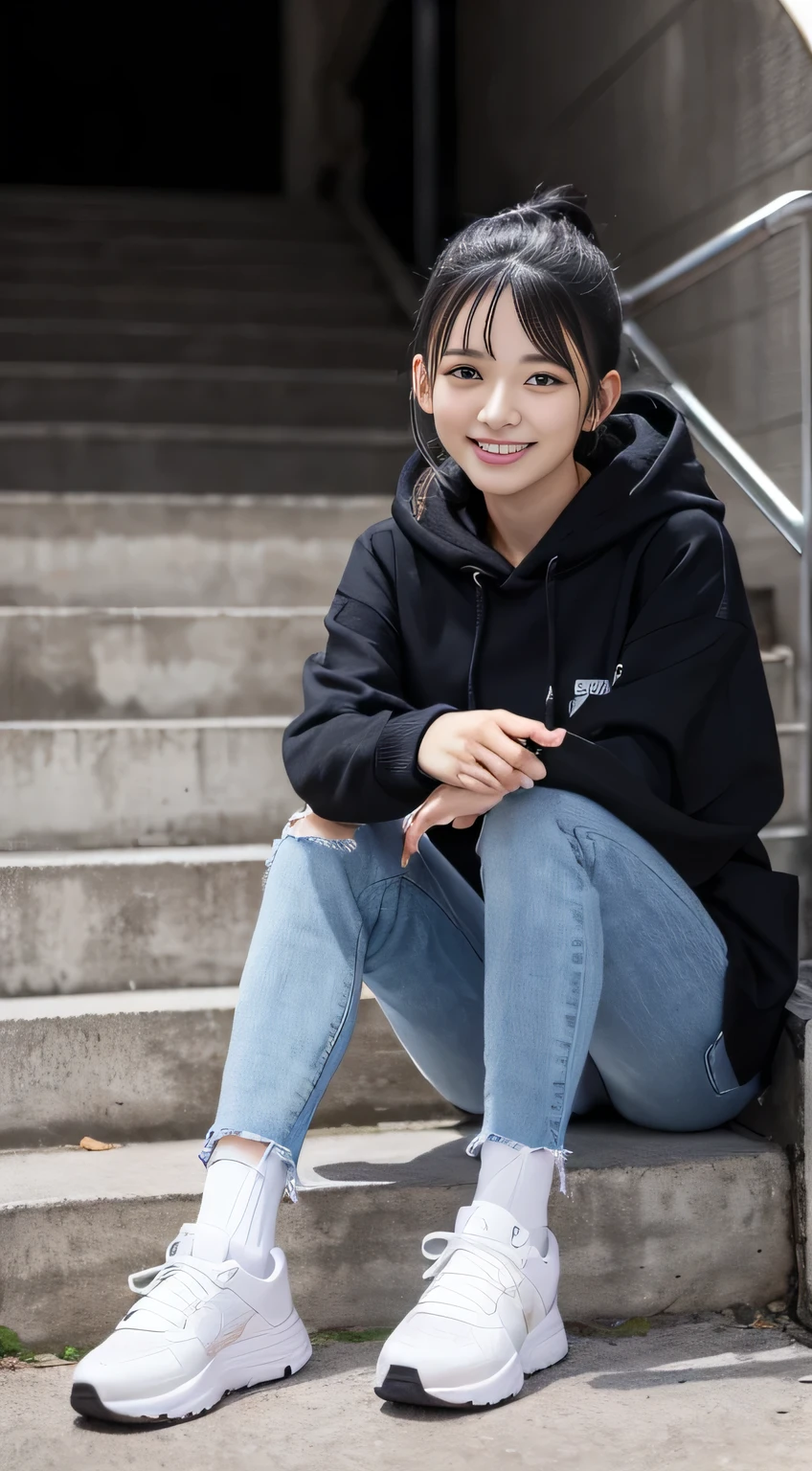 highest quality, Realistic, Very detailed, Finer details, High resolution, 8k wallpaper, One beautiful woman,Sit on the stairs、（Wear black socks）smile、（Beautiful teeth alignment、）（Gums are visible） Oversized hoodie, Skinny jeans,（ Black sneakers）、Black Hair、 Beautiful Bangs、ear piercing、Perfect dynamic composition, Beautiful and detailed, Full Body Shot, A big smile wearing colorful socks