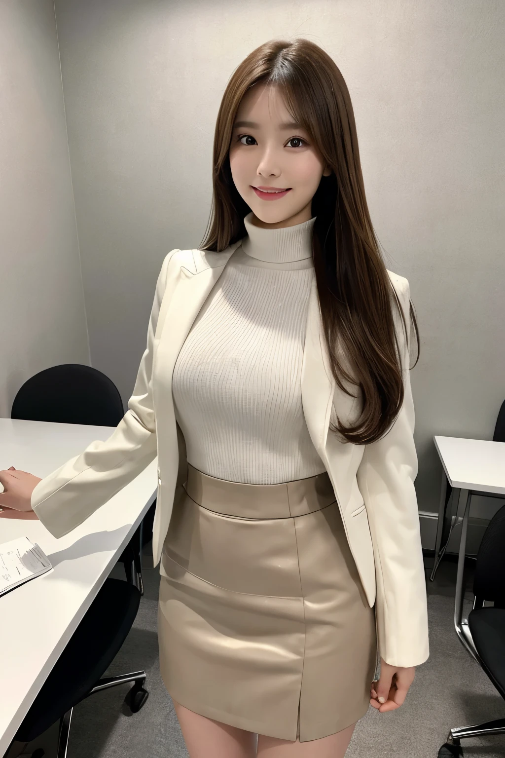 noon、Meeting room background、Jacket、Light brown hair、White suit、Black turtleneck、Short skirt、beauty secretary、(Very large breasts、Very thin and long legs、Perfect figure、High heels、whole body、Big smile)、1 female、No makeup、17 years old、(masterpiece、8K,RAW Photos、High resolution:1.4)