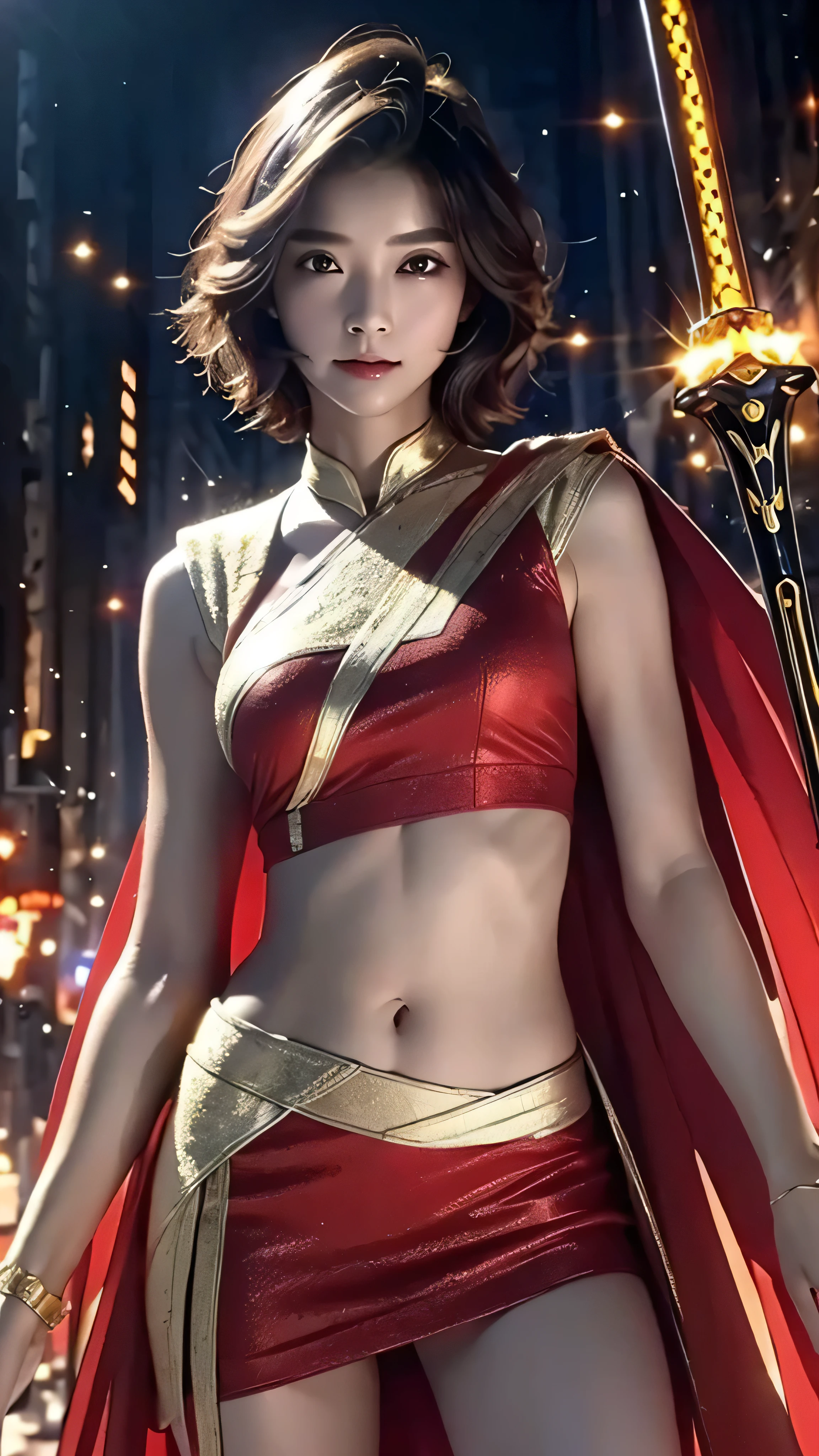 8K, Ultra Realistic CG K, Realistic:1.4, Skin Texture:1.4, Masterpiece:1.4, Beautiful woman in hero's costume standing in front of apocalyptic fire city posing behind, Female hero appears, Laser gun in right hand, gold short hair beauty, Glowing sword in left hand, Flat stomach showing, Red mini skirt Beautiful, thin hands, cape,