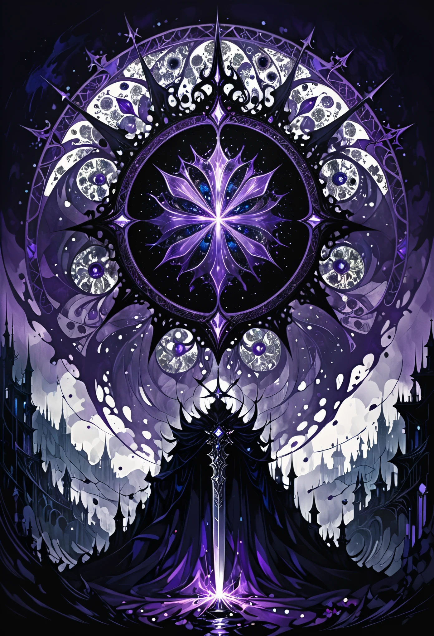 in style of Harry Clarke,(Mysterious Landscape),[suspenseful],Fantasy,Dark,shadowy,atmospheric,dark colors,(A miracle stone showing modern technological patterns),(demon crown:1.3),(heavy sword with a dangerous aura:1.2),(transformed by future technology:1.2),(dodgerblue,mediumvioletred,darkviolet,color palette:1.2),(fractal art:0.9),