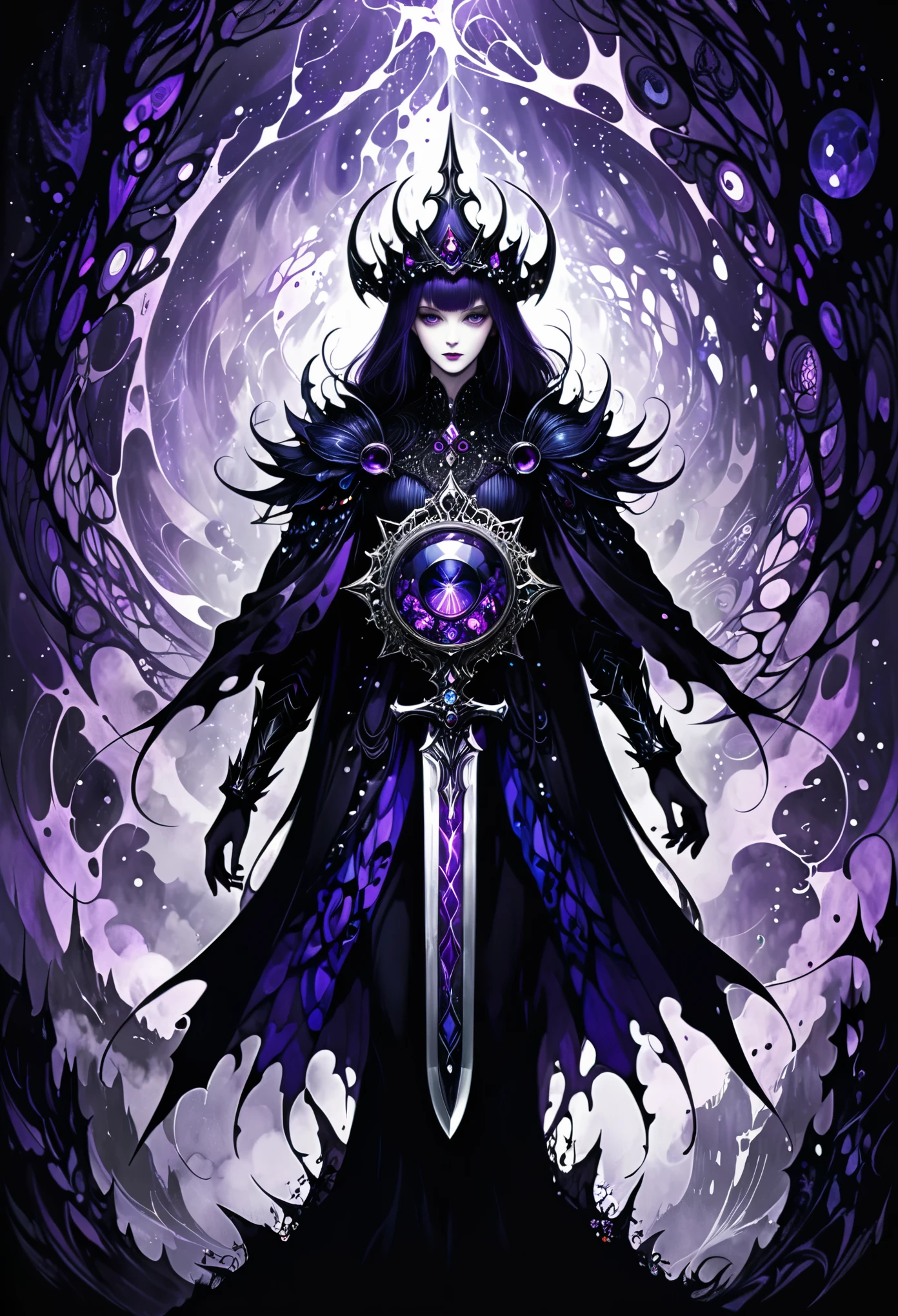 in style of Harry Clarke,(Mysterious Landscape),[suspenseful],Fantasy,Dark,shadowy,atmospheric,dark colors,(A miracle stone showing modern technological patterns),(demon crown:1.3),(heavy sword with a dangerous aura:1.2),(transformed by future technology:1.2),(dodgerblue,mediumvioletred,darkviolet,color palette:1.2),(fractal art:0.9),