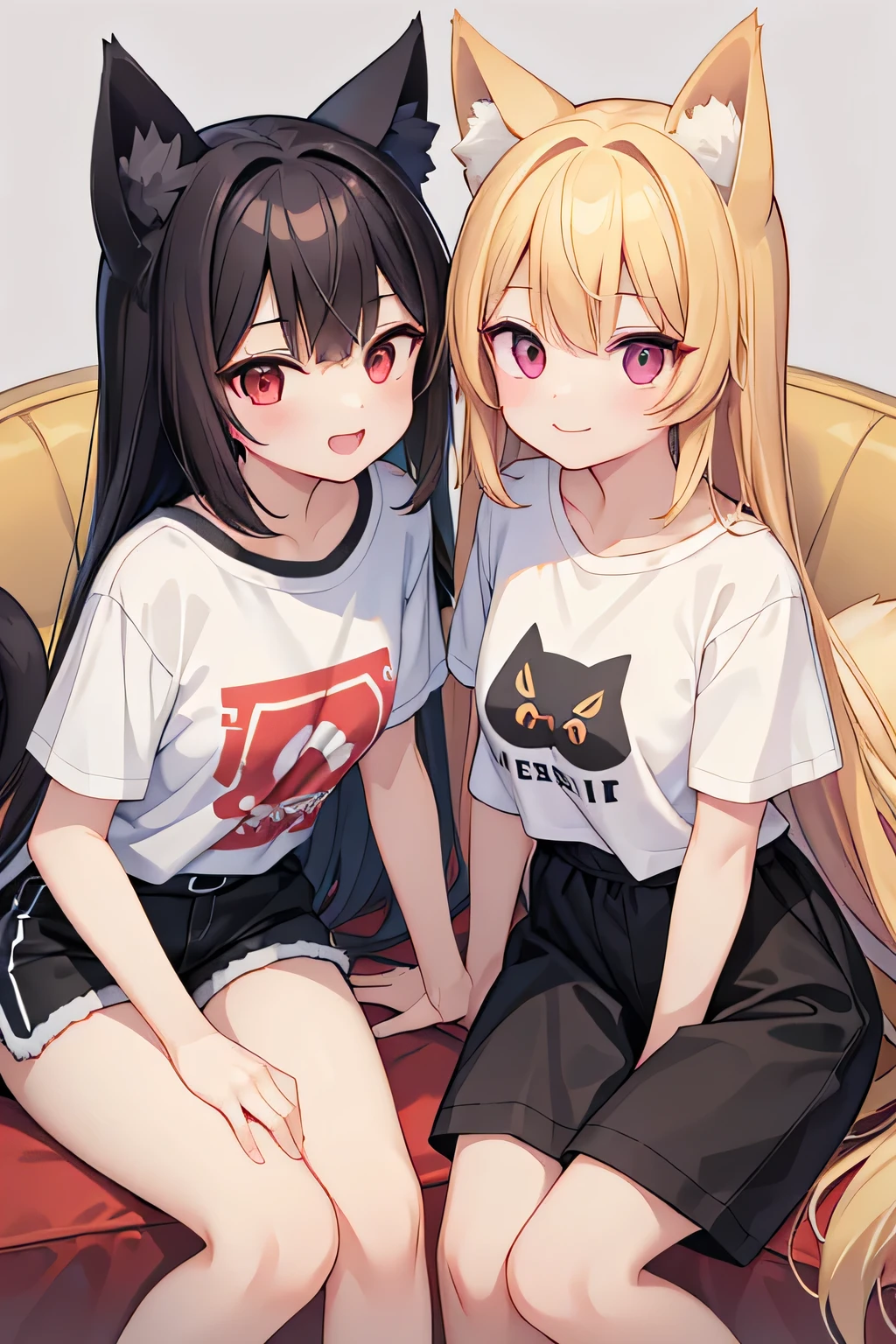 highest quality、Two Girls、Fox ears＆Long blonde＆Red Eye、Cat ear＆Short black hair＆Iris、smile、T-Shirts、Shorts