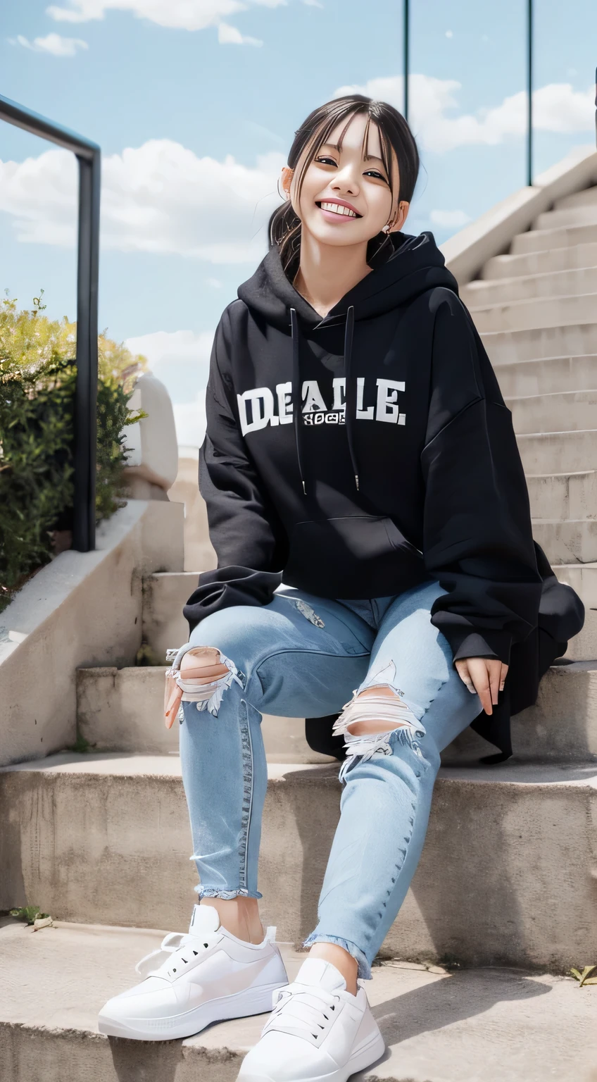 highest quality, Realistic, Very detailed, Finer details, High resolution, 8k wallpaper, One beautiful woman,Sit on the stairs、(Wear black socks)smile、(Beautiful teeth alignment、)(Gums are visible) Oversized hoodie, Skinny jeans,( Black sneakers)、Black Hair、 Beautiful Bangs、ear piercing、Perfect dynamic composition, Beautiful and detailed, Full Body Shot, A big smile wearing colorful socks