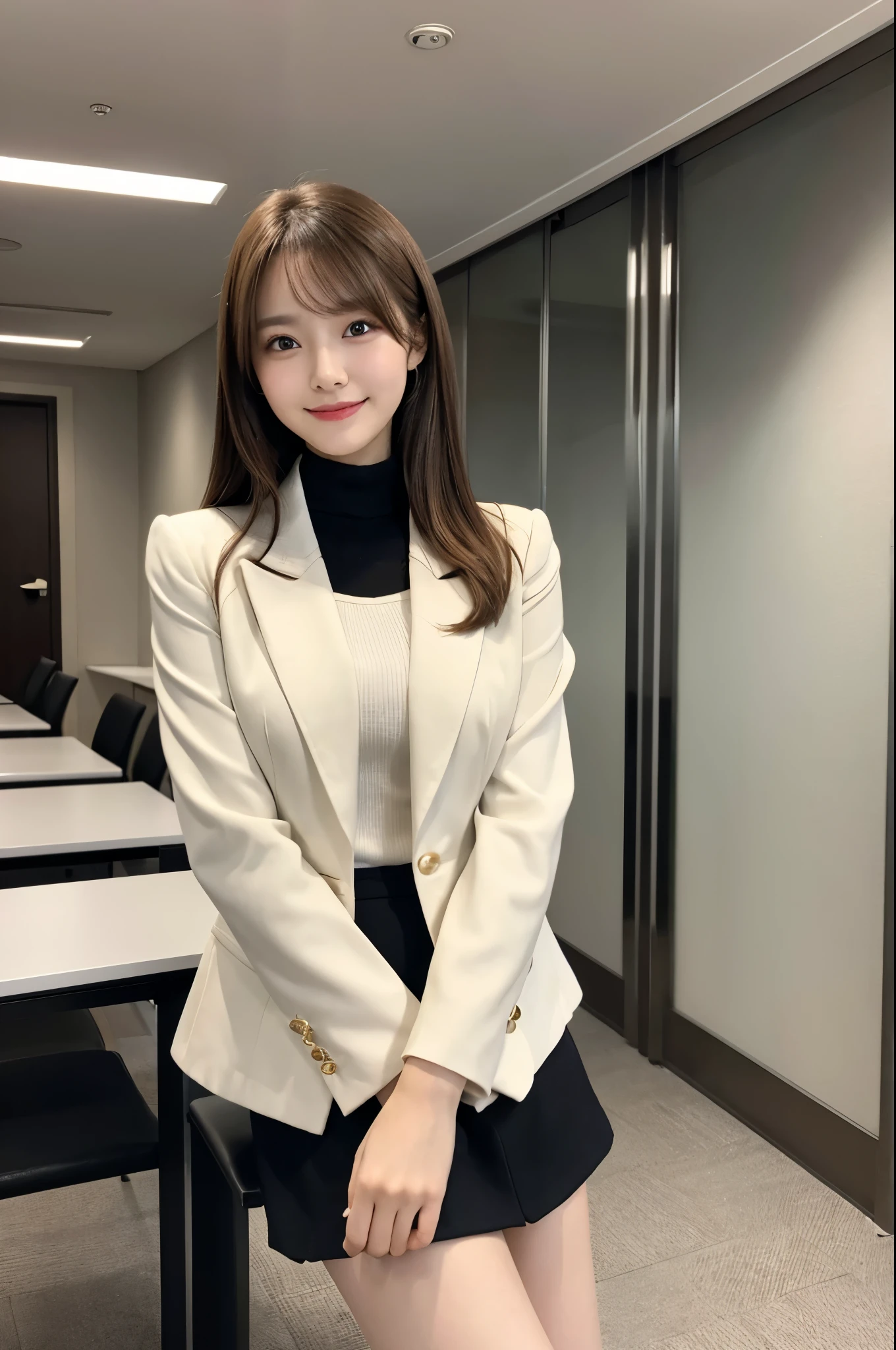 noon、Meeting room background、Jacket、Light brown hair、White suit、Black turtleneck、Short skirt、beauty secretary、(Very large breasts、Very thin and long legs、Perfect figure、High heels、whole body、Big smile)、1 female、No makeup、17 years old、(masterpiece、8K,RAW Photos、High resolution:1.4)