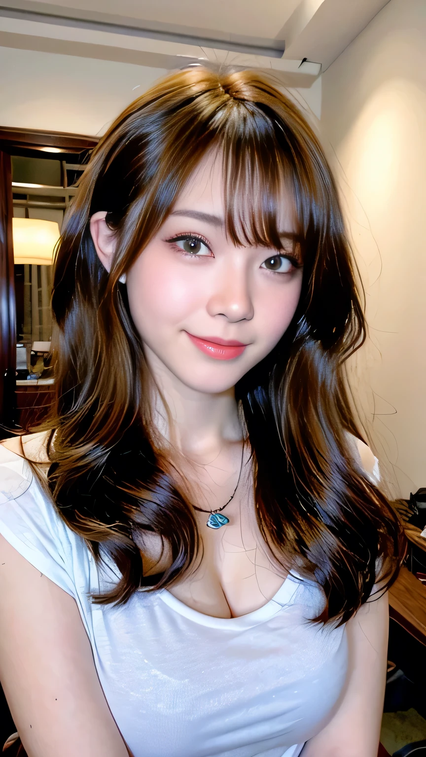 Full Body Angle、((highest quality, 8K, masterpiece: 1.3)), concentrated: 1.2, Cute girl 1,Nipples erect、 Perfect beauty: 1.4,Crisscross V-neck T-shirt, Casual summer short sleeve t-shirt: 1.2,Long sleeve、Randall Color、comics&Text Graphics、Black ruffle-trimmed drawstring zip blouse,1.1, Highly detailed face and skin textures, Fine grain, double eyelid, whitening skin, ,highest quality,Ultra-high resolution,you,1 girl,alone,_Shiny_skin,Iris,necklace,((Brown_length_Wavy_hair)),(lips)),eyelash,Front hair,deal with,compensate,Shiny,pore,skin texture,Large Breasts、smiling face、Front hair、
