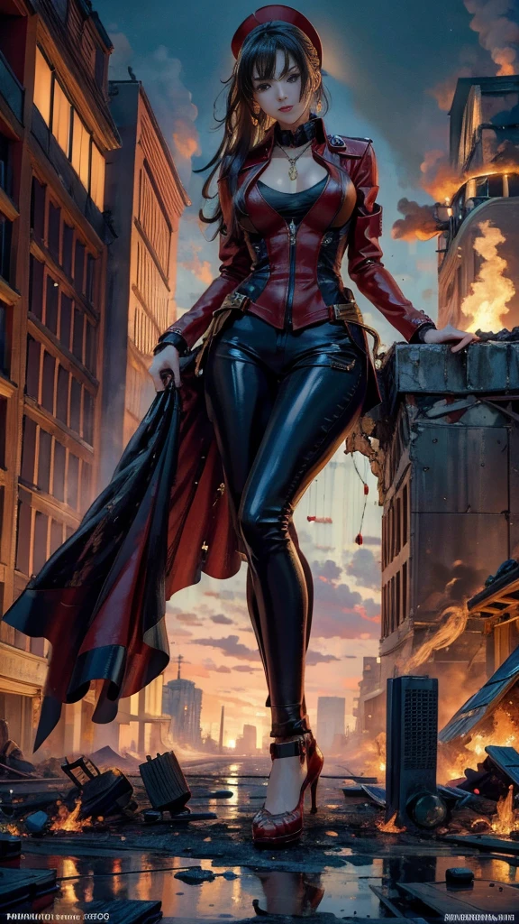 (32k, High resolution, highest quality, masterpiece, 超High resolution), (((Giantess Elements, Typhoon heavy rain))), From above, Perfect dynamic composition:1.0, ((night, In a ruined metropolis just feet high)), (Expressions of sadness:0.7), Highly detailed skin and facial textures:1.2, (Holding a rifle:1.5, Towering Giant Young Woman:1.0, taller than a skyscraper:1.0, 400,000 feet high:1.5, Incredibly slim body:1.0), Fair skin, Sexy beauty, Very beautiful face, Water droplets on the skin, (The rain drips down on my body:0.5, Wet body:0.5, Wet Hair:0.5), ((Red Leather Jacket:1.0, Tight black leather pants:1.0)), Shapely breasts, Chest gap, Big eyes that exude beautiful eroticism, Lips that exude beautiful eroticism, necklace, Earrings, bracelet, wedding ring, ribbon, High heels, Full body portrait, ((A ruined world, ruins, Burning metropolis, Major impact, Emphasizing the majesty and power of giants, Increase the destructive element, Lower the building, Making cities smaller))