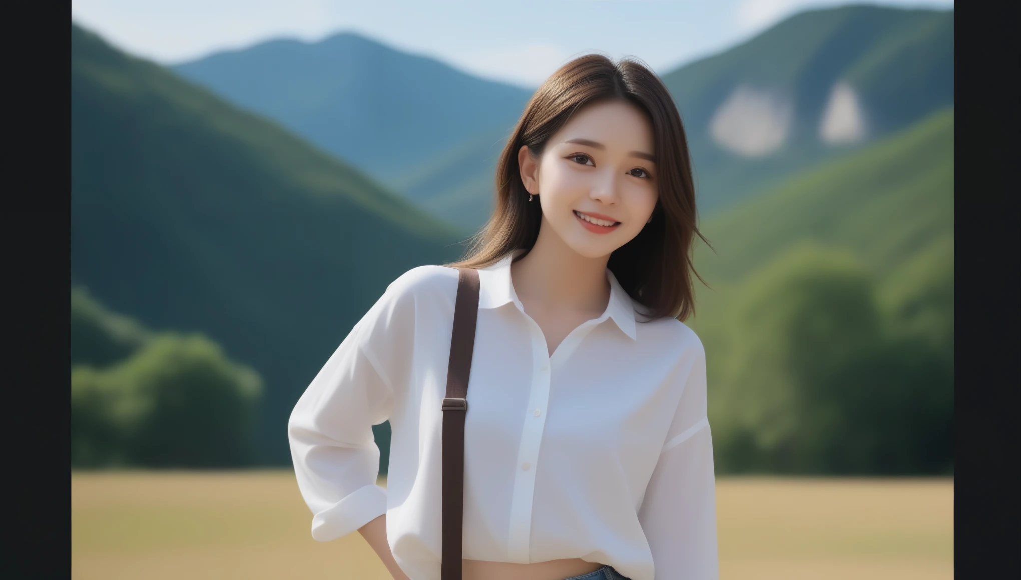 8K, 超High resolution, highest quality, masterpiece, Surreal, photograph, 1 girl, (:1.3), pretty girl, Cute face, Beautiful eyes in every detail,masterpiece, highest quality, High resolution, 非常にdetailed, detailedな背景, Cinema Lighting, One Girl, young woman, Wear a white shirt, Brown cardigan, long denim pants , smile, wearing Backpack, (Backpack:1.0), travel Backpack, Are standing, whole body, Day, Day光, Outdoor(Spread your thighs))、Sexy pose、See through 、Look at the audience、beauty,Long neck、Smile a little、Please close your mouth and laugh、(((Ideal body proportions))),A cup small breasts :2,、Portraiture:2、Perfect Anatomy、Vivid details、detailed、Surreal、Light and shadow,Strong light,Fashion magazine cover,Thin lips