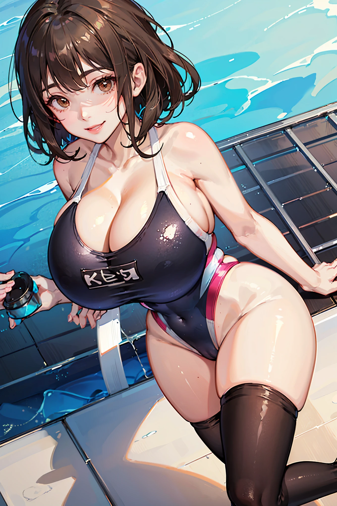 (((medium hair:1.3,black hair:1.5))),(brown eyes:2.0),(from directly above:1.5), (1 girl:2.0),(under breasts:2.0),(Smile Beam:1.5),((huge breasts:2.0)),(huge saggy breasts:2.0), ((cleavage:2.0)),((competition swimsuit:2.0)),((High leg:2.0), 20 years old,masterpiece,hyper quality, very detailed,perfect picture,3D,8k,High resolution,seductive anime girl, sporty hairstyle,Smooth anime CG art,