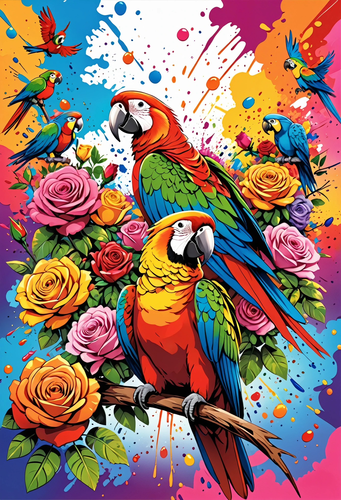 Vector Art, Colorful illustration with lots of roses and parrots, In the center, Vibrant colors, Paint splatters and stains, High Detail,explosion effect background
