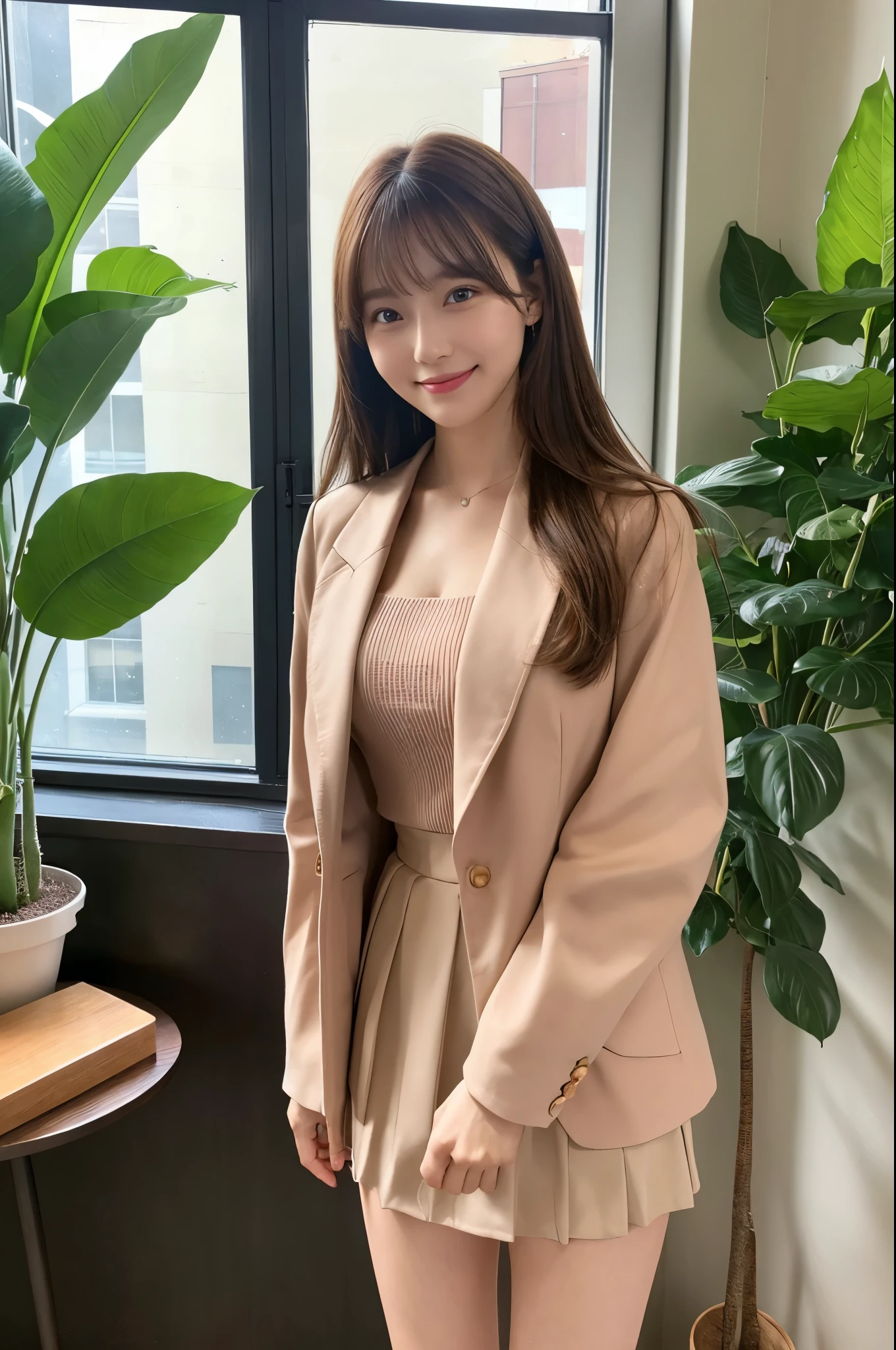 noon、window、Foliage plant、Meeting room background、Jacket、Light brown hair、Peach-colored suit、Transparent inner、Short skirt、beauty secretary、(Very large breasts、Very thin and long legs、Perfect figure、High heels、whole body、Big smile)、1 female、No makeup、17 years old、(masterpiece、8K,RAW Photos、High resolution:1.4)