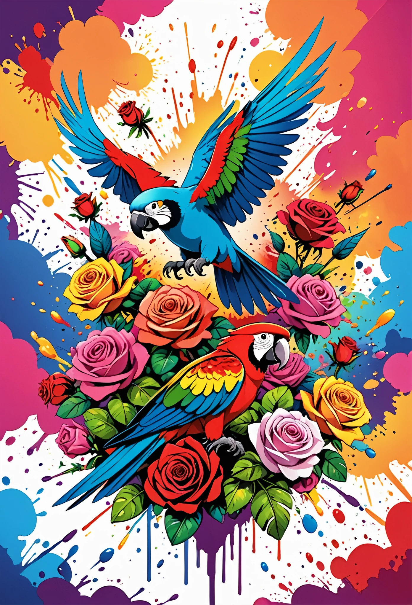 Vector Art, Colorful illustration with lots of roses and parrots, In the center, Vibrant colors, Paint splatters and stains, High Detail,explosion effect background
