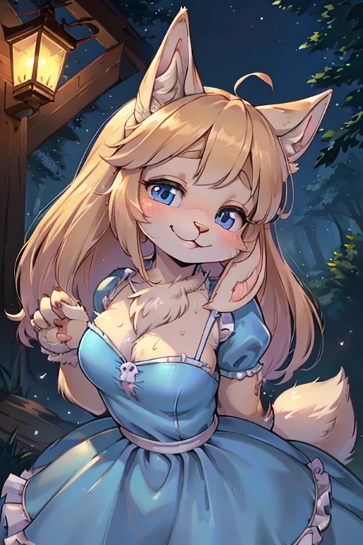 hairy rabbit princess , (realistic hairy rabbit fur:1.5) , round face , (tilt face:1.2) , (half-open eyes:1.5) , moist round eyes , Swollen cheeks , Seduction smile , glossy lips , princess dress , Alice in Wonderland , twilight , Adorable gestures , dynamic angle , nag factor , with Wolf Man