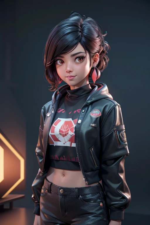 1 chica, hermoso, sonrisa afectada, luciendo un sombrero, pendientes, rojo camo sweatshirt, rojo_shorts cortos, pelo largo, By the chestnut, mask, labios de la nariz, de pie, diafragma, naval, pendientes, (realista:1.5), ciberpunk, neon city, neon lights, 3D, cgi, volumetric lighting