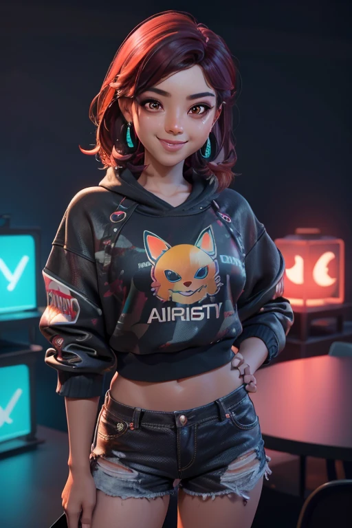 1 chica, hermoso, sonrisa afectada, luciendo un sombrero, pendientes, rojo camo sweatshirt, rojo_shorts cortos, pelo largo, By the chestnut, mask, labios de la nariz, de pie, diafragma, naval, pendientes, (realista:1.5), ciberpunk, neon city, neon lights, 3D, cgi, volumetric lighting