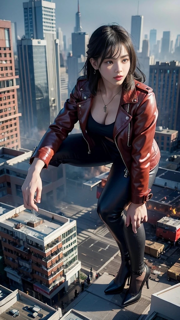 (32k, High resolution, highest quality, masterpiece, 超High resolution), (((Giantess Elements, Typhoon heavy rain))), From above, Perfect dynamic composition:1.0, ((night, In a ruined metropolis just feet high)), (Expressions of sadness:0.7), Highly detailed skin and facial textures:1.2, (Holding a rifle:1.5, Towering Giant Young Woman:1.0, taller than a skyscraper:1.0, 400,000 feet high:1.5, Incredibly slim body:1.0), Fair skin, Sexy beauty, Very beautiful face, Water droplets on the skin, (The rain drips down on my body:0.5, Wet body:0.5, Wet Hair:0.5), ((Red Leather Jacket:1.0, Tight black leather pants:1.0)), Shapely breasts, Chest gap, Big eyes that exude beautiful eroticism, Lips that exude beautiful eroticism, necklace, Earrings, bracelet, wedding ring, ribbon, High heels, Full body portrait, ((A ruined world, ruins, Burning metropolis, Major impact, Emphasizing the majesty and power of giants, Increase the destructive element, Lower the building, Making cities smaller))