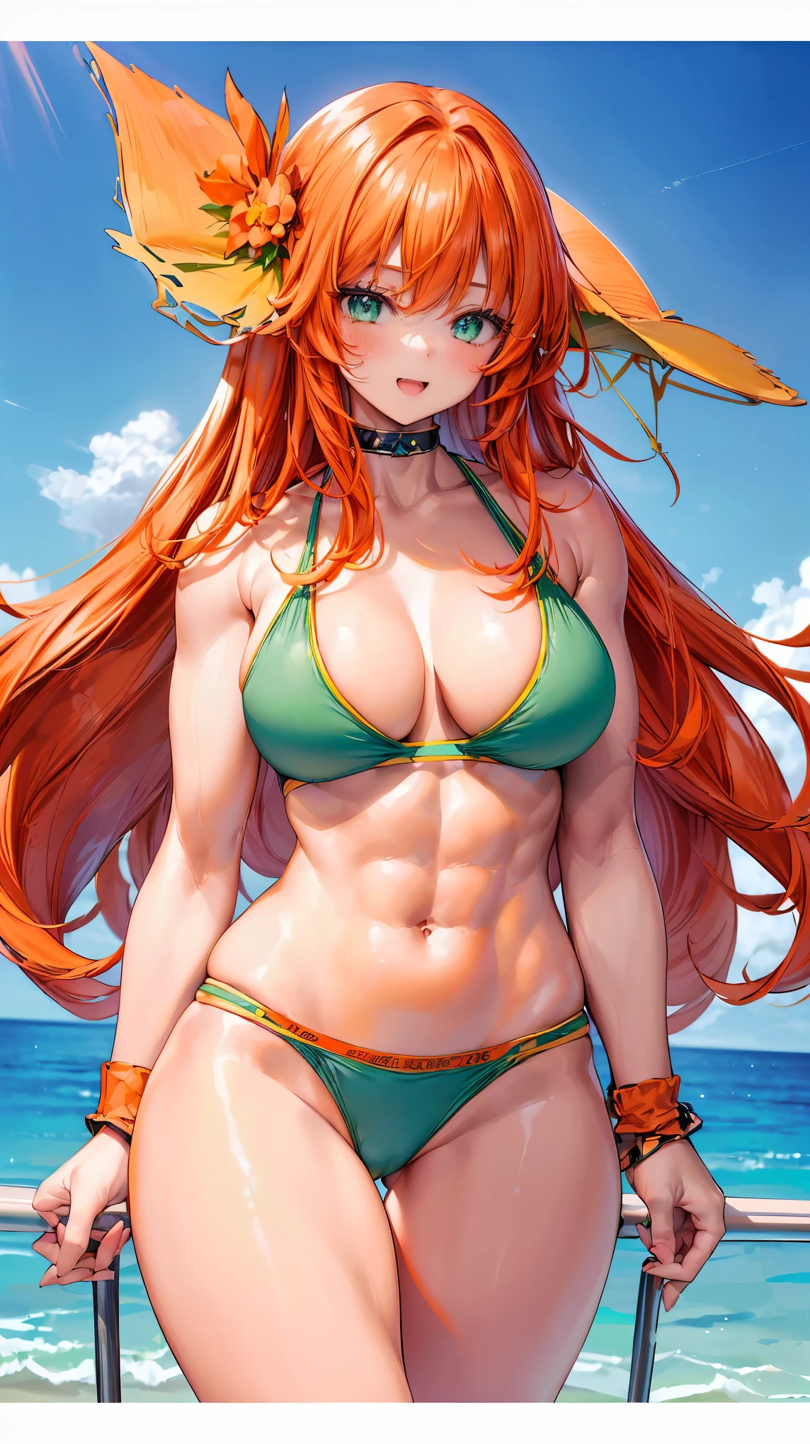 Very detailed、highest quality、Best image quality、masterpiece、8k、Anime Face、A kind smile、(Open your mouth:1.3)、Sparkling blue eyes、(Orange medium long hair:1.5)、(Muscles of the whole body:1.3)、(High leg:1.8)、Thigh belt、(Green :1.5)、(Upper body close-up:1.5)、(SFW Giant)、(Thick body:1.2)