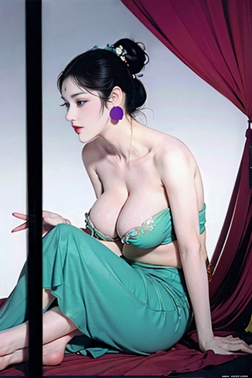 (Very large round breasts: 1.6), (Full body: 1.3), very delicate and beautiful, masterpiece, highest quality, ultra high resolution, 16k, photorealistic, ultra detail, narrow eyes, 1 girl, all white, forehead, black hair , solo, ((very voluptuous glamor)), narrow slit eyes, dark eyes, sparkling eyes, black hair, gloves, dress, luxurious jewelry, earrings, piercing eyes, elbow grooves, hair tied back with hands raised, transparent Demi - cup off-shoulder bra in random colors, transparent short dress in random colors, long eye makeup, narrow eyes, smile, lipstick, complex petal pattern, rim light, backlight, pastel color, studio lighting.