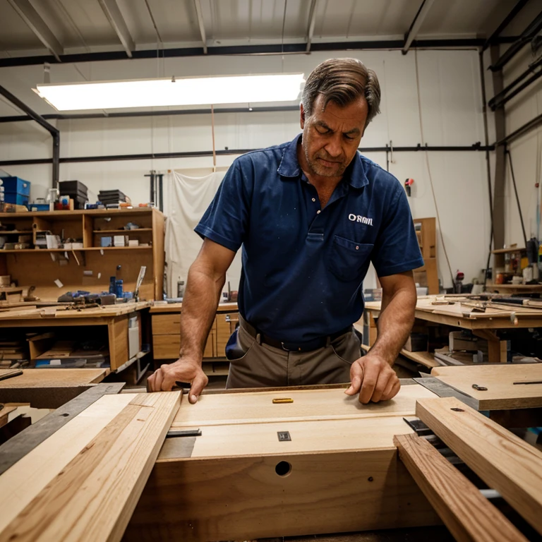 Um homem, profession carpenter working in the manufacture of engineered furniture
