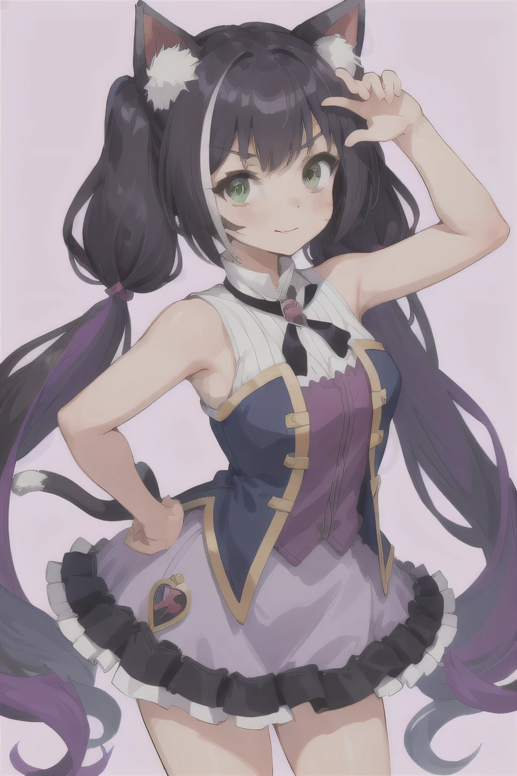 masterpiece, best quality, ultra-deTailed, 1 Girl, Bangs, bare arm, Bare shoulders, blush, breast, Shut up, Hook of Holland, hands up, Caril, low twinTails, medium breast, purple skirt, shirt, skirt, sleeveless, sleeveless shirt, Smile, outdoor, gap, Tail, twinTails, cat Tail, Wave, Arms behind your back 