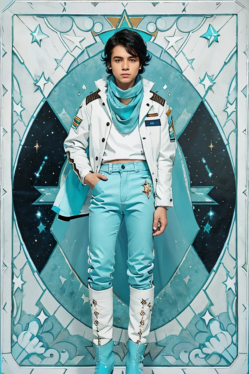 Boy with black hair turquoise eyes wearing a white shirt colored jacket with white sleeves and a star patch light blue pants turquoise boots and a cosmic blue scarf 